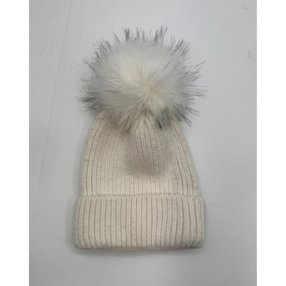 Norla Canada White Knit Beanie Hat With Faux Fur Pom - Picture 2 of 6